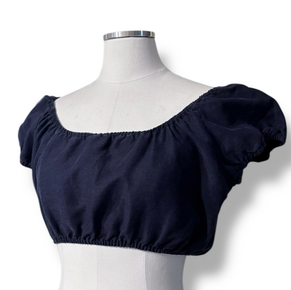 REFORMATION Navy Blue Crepe Puff Sleeve Cropped Top
